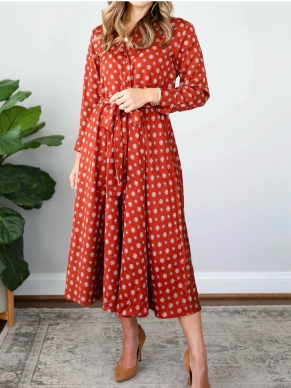 Banana Republic Midi Shirt Dress Medium Rust Orange Medallion Print 70s Retro